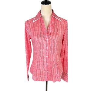 Tizzie Coral Orange White Stripe 100% Cotton Collared Long Sleeve Button Up Top